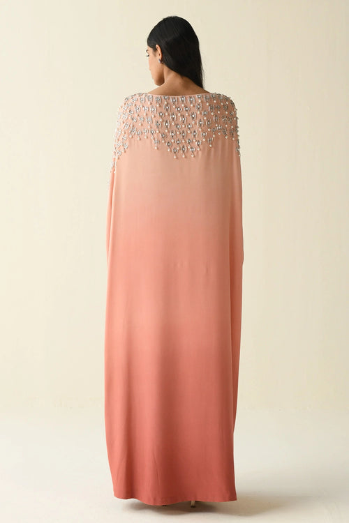 Pink Kaftan With Pearl And Bead Embellishments