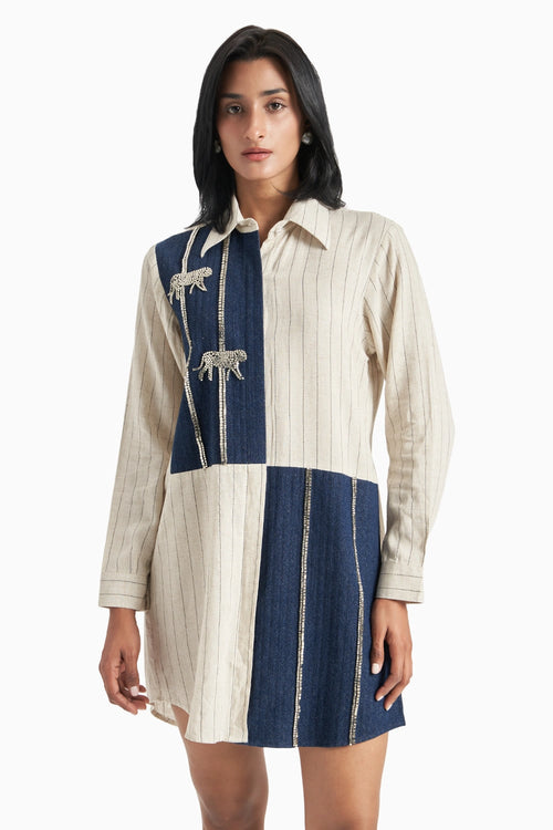 Beige Stripes Dark Denim Herringone Panel Shirt Dress
