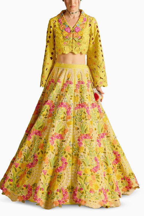 Yellow Cutwork Bolero Jacket And Lehenga