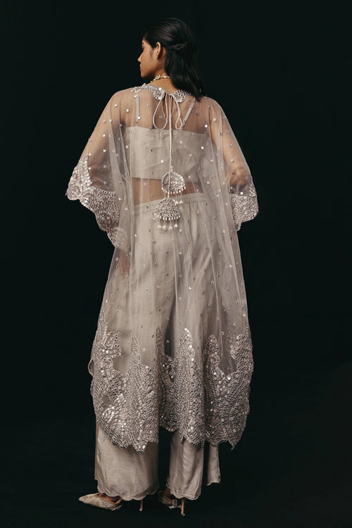 V Neck Mirrorwork Tulle Applique Kaftan