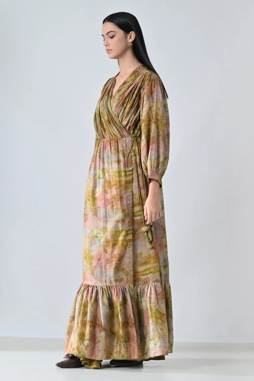 Beige Verdant Wrap Tiered Long Printed Dress