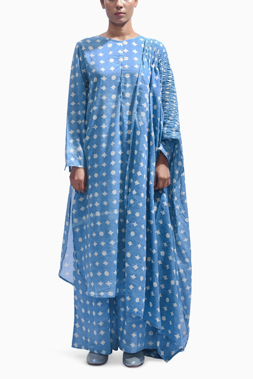 Sky Blue Mud Block Cotton Kasis Kurta Set