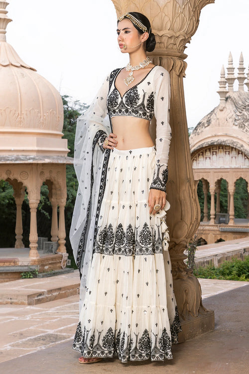 Black and White Tower Lehenga with Embroidered Dupatta