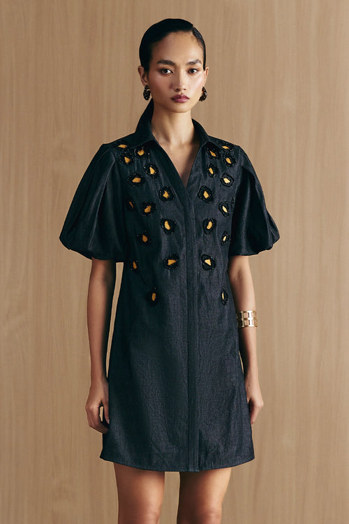 Black Black Denim Embellished Dress