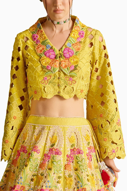 Yellow Cutwork Bolero Jacket And Lehenga