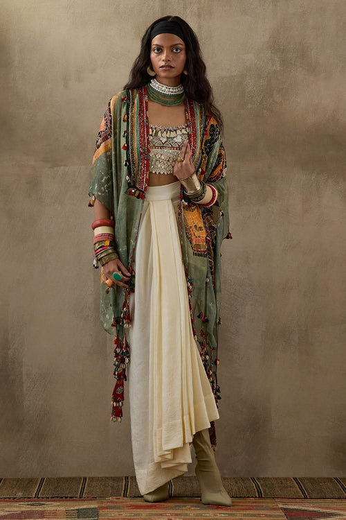 Mogra Mural Veni Dupatta Jacket With Drape Skirt Set