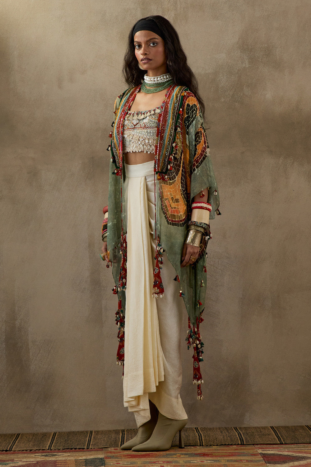 Mogra Mural Veni Dupatta Jacket With Drape Skirt Set