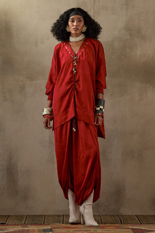 Sindoor Mural Kuru Trapeze Kurta With Drape Trouser Set