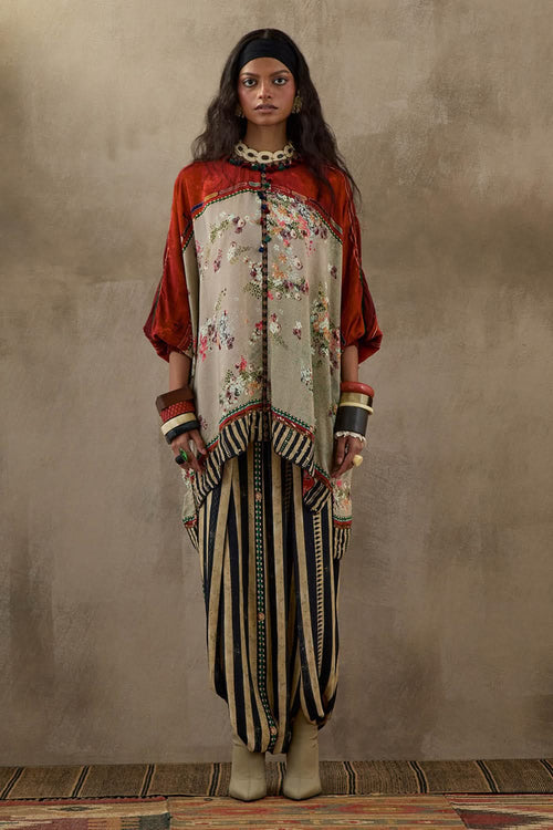 Multi Mural Kuru Trapeze Kurta With Drape Trouser Set