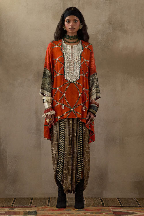 Multi Mural Mitra Short Kurta With Drape Trouser Set