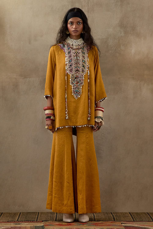 Yellow Topaz Mural Mitra Short Kurta with Flare Trouser Set