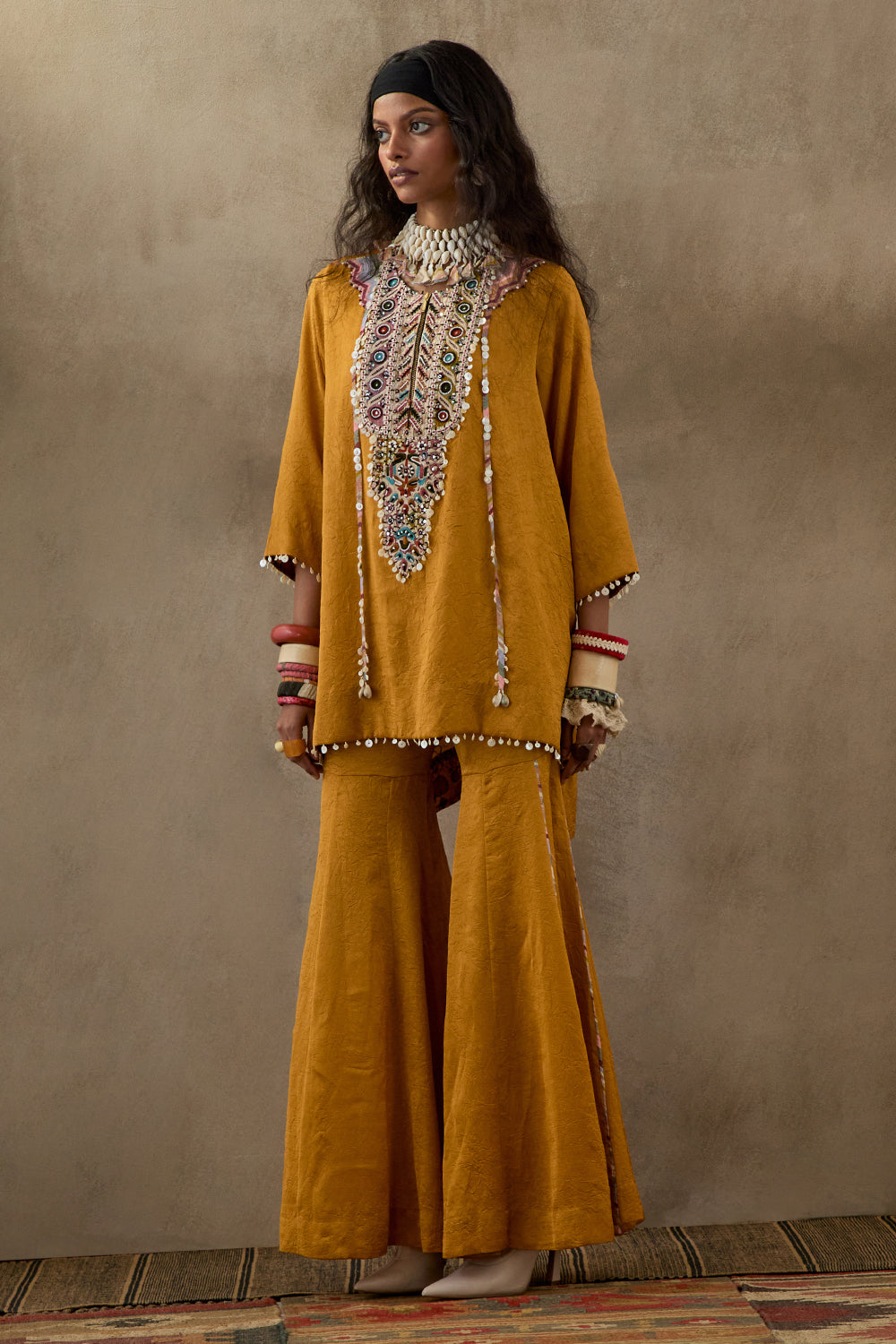 Yellow Topaz Mural Mitra Short Kurta with Flare Trouser and Dupatta