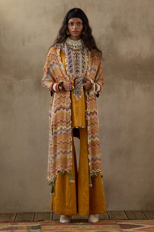 Yellow Topaz Mural Mitra Short Kurta with Flare Trouser and Dupatta