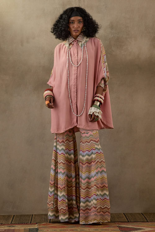 Shell Pink Mural Mandala Shirt with Flare Trouser Set