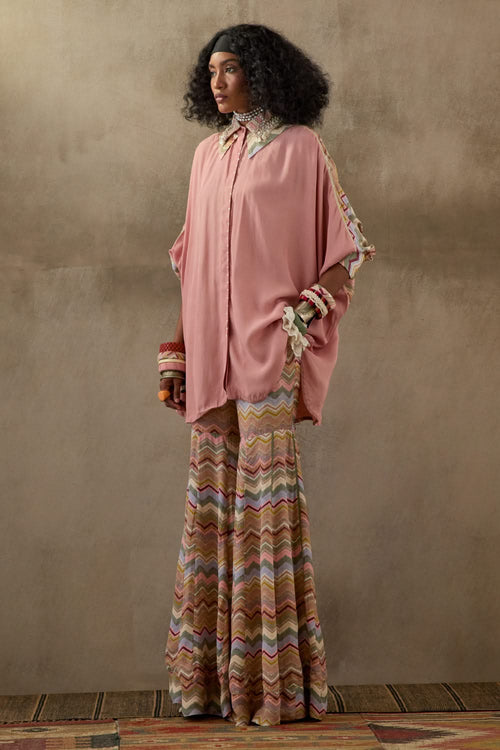 Shell Pink Mural Mandala Shirt with Flare Trouser Set