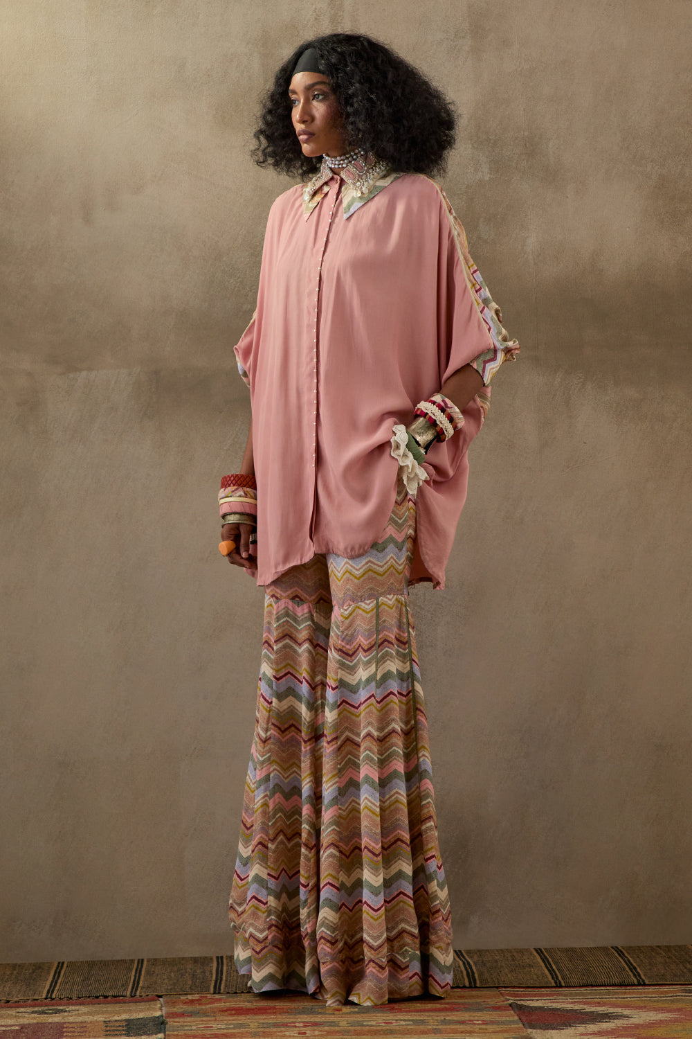 Shell Pink Mural Mandala Shirt with Flare Trouser Set