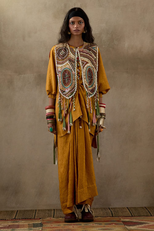 Yellow Topaz Mural Zuri Gilet with Kurta and Skirt