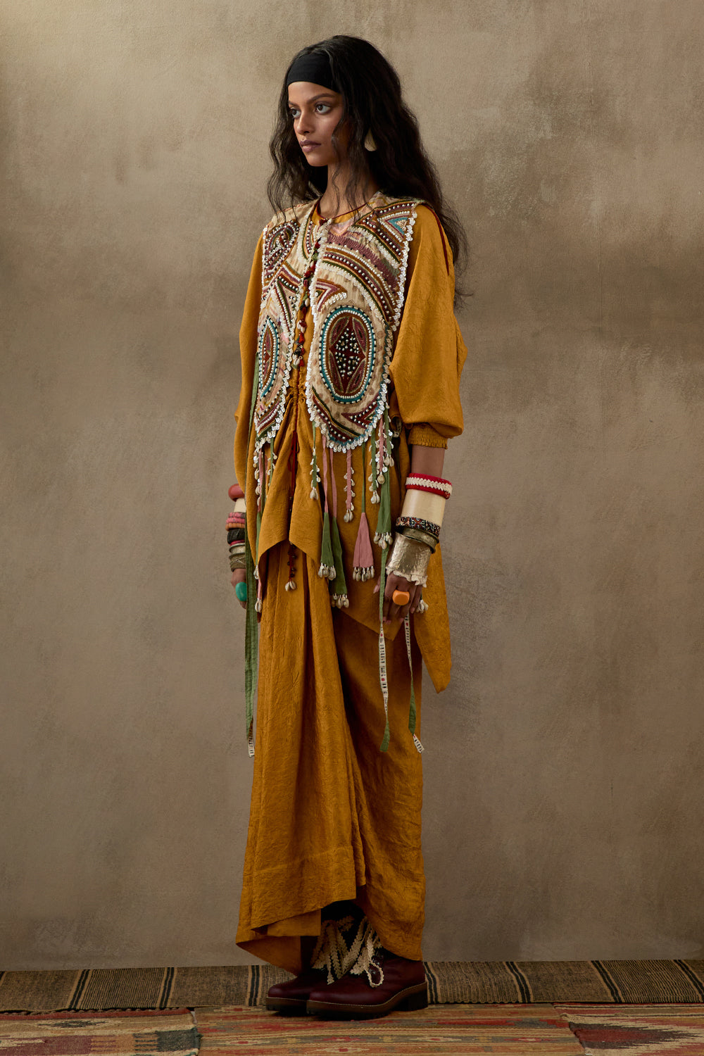 Yellow Topaz Mural Zuri Gilet with Kurta and Skirt