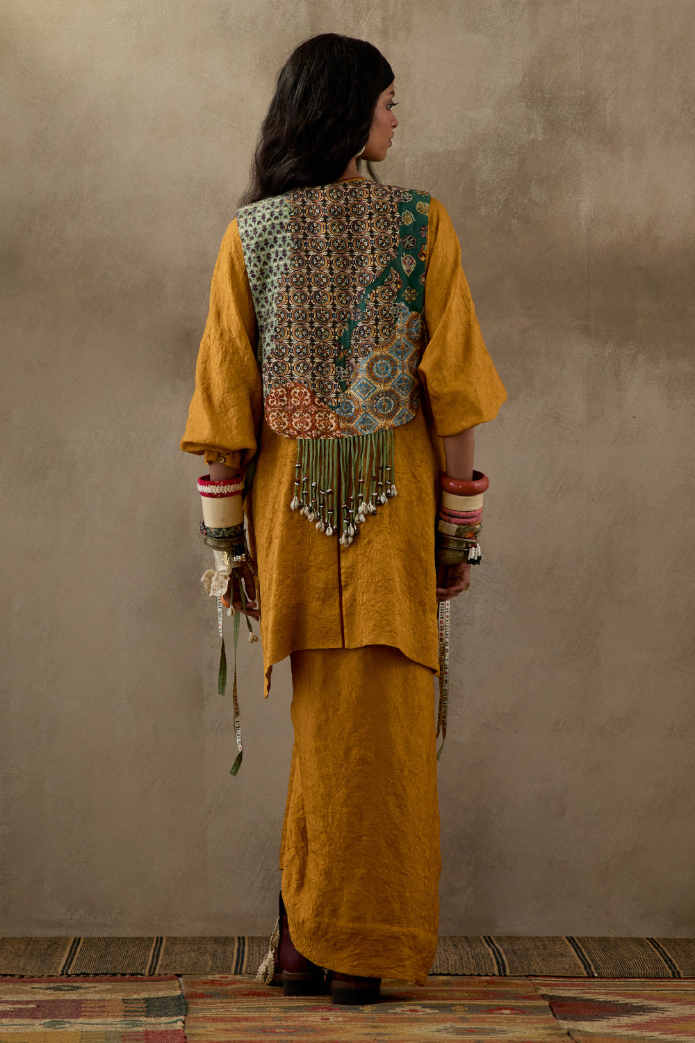 Yellow Topaz Mural Zuri Gilet with Kurta and Skirt