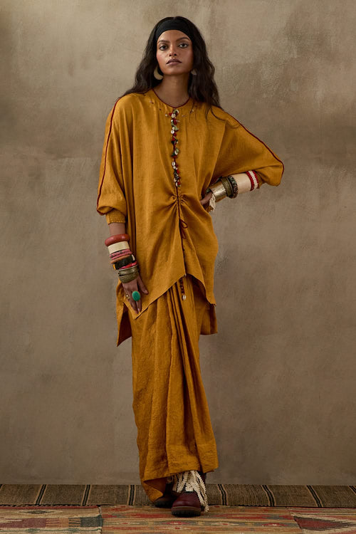 Yellow Topaz Mural Kuru Trapeze Kurta with Skirt Set