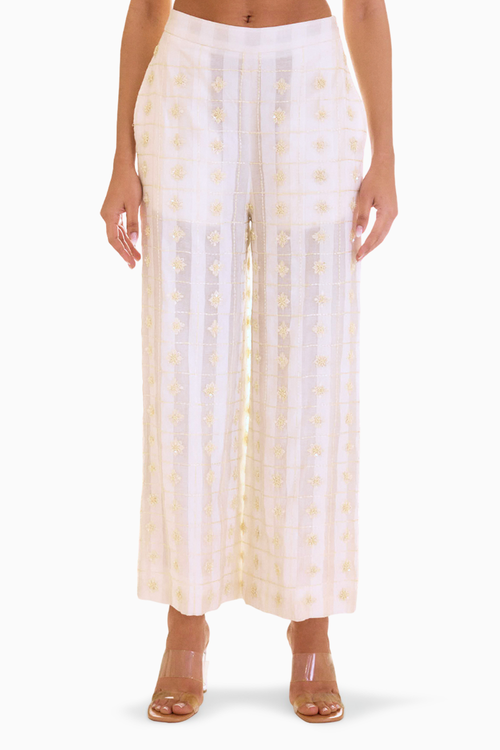 Off White Romantic Embroidered Palazzo Pants