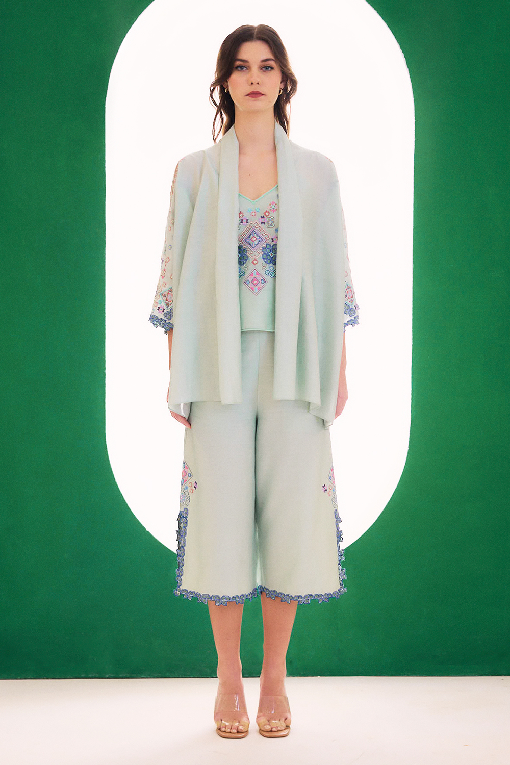 Mint Embroidered Dreamer Cape with Top and Culottes