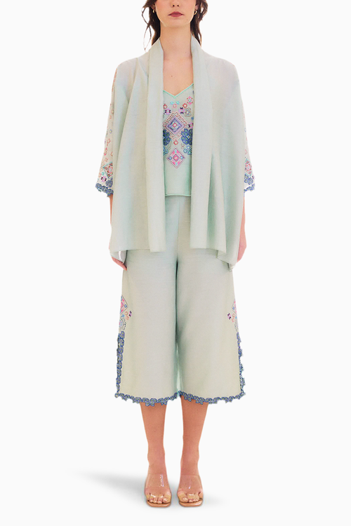 Mint Embroidered Dreamer Cape with Top and Culottes