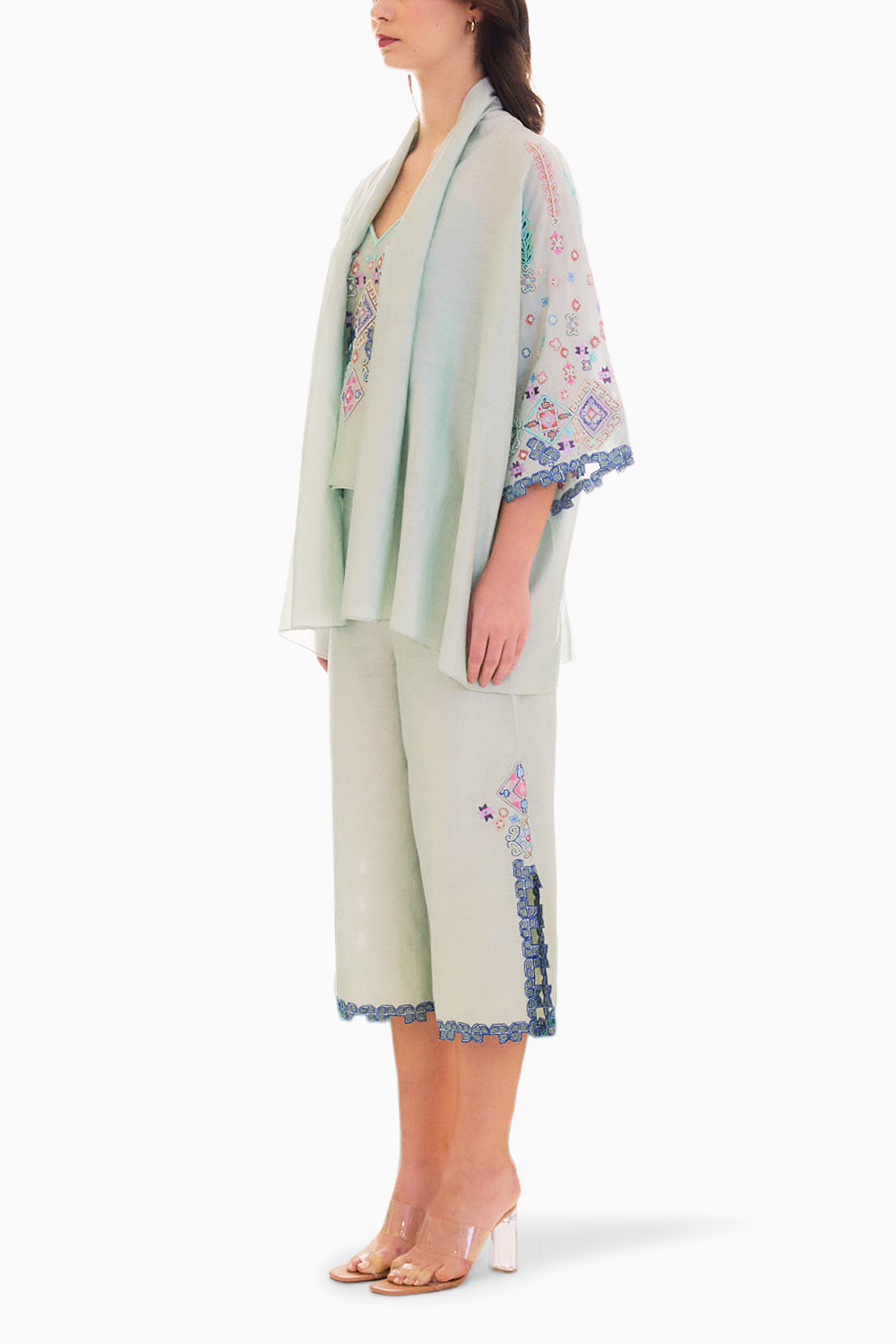 Mint Embroidered Dreamer Cape with Top and Culottes