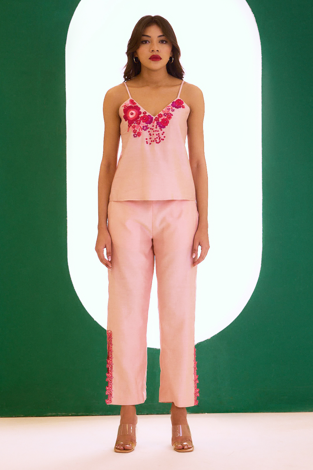 Peach Chanderi Embroidered Spaghetti Top and Pants