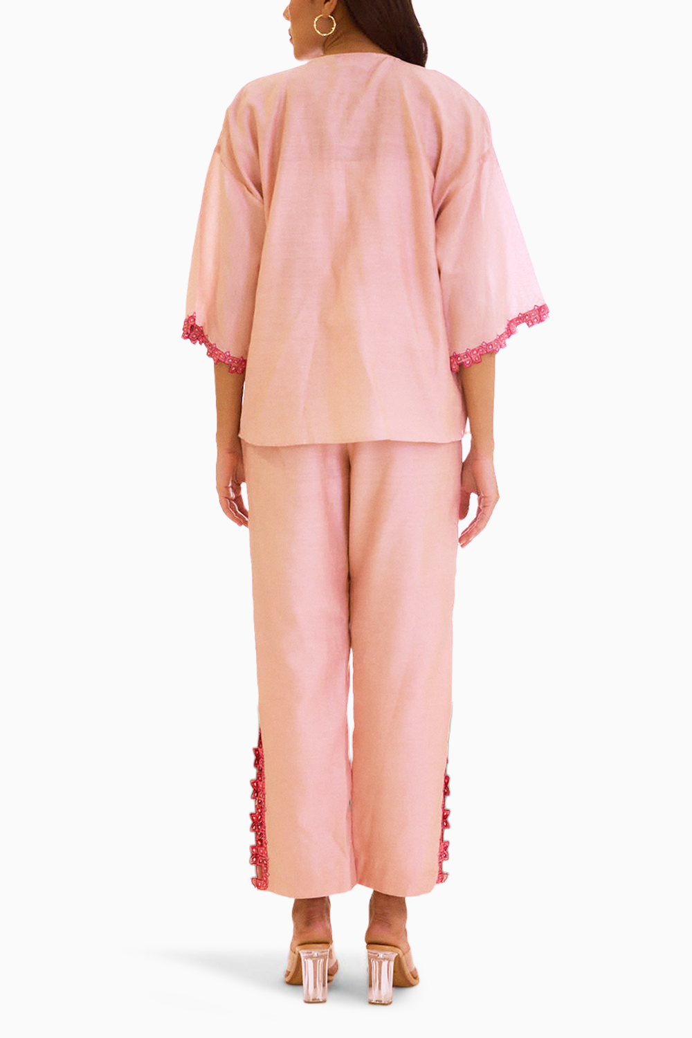 Peach Chanderi Embroidered Cape with Top and Pants