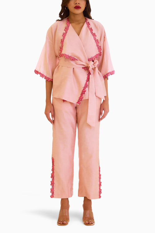 Peach Chanderi Embroidered Cape with Top and Pants