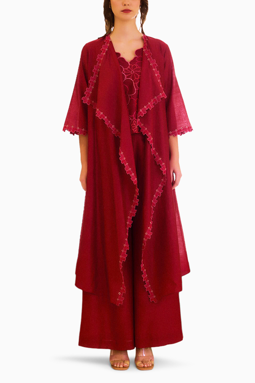 Berry Zealous Embroidered Cape with Top and Pants