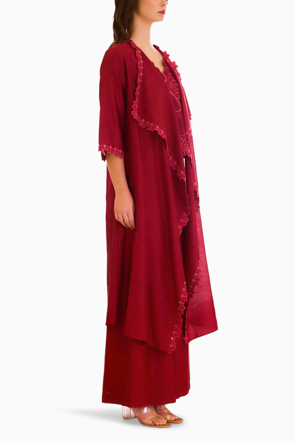 Berry Zealous Embroidered Cape with Top and Pants