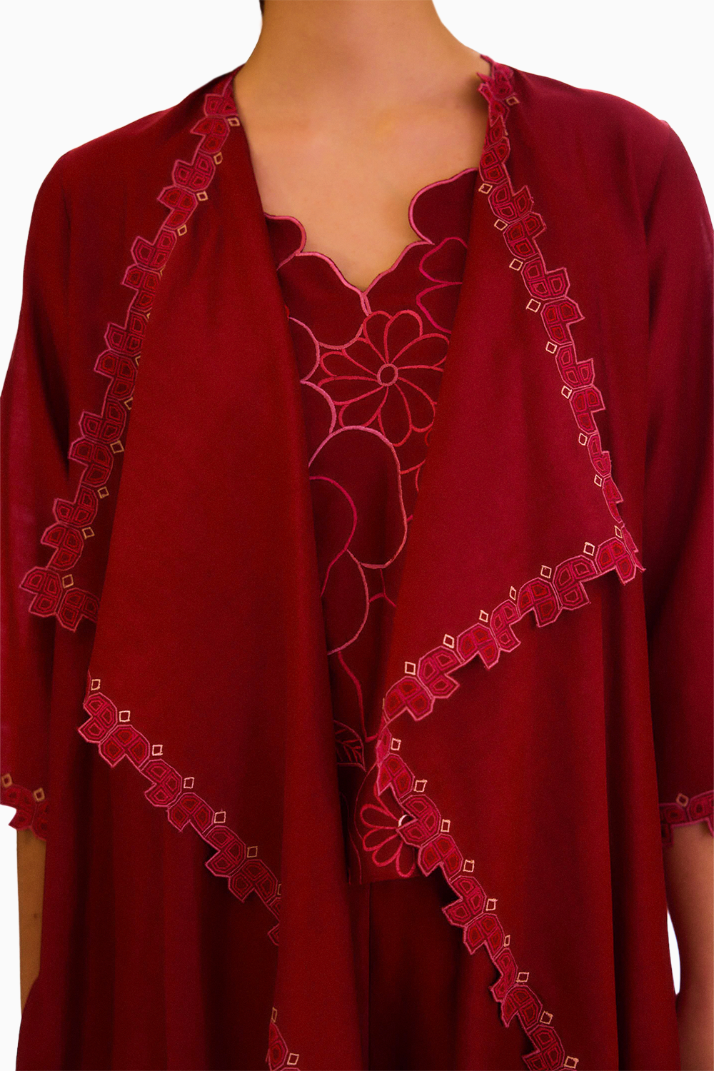 Berry Zealous Embroidered Cape with Top and Pants