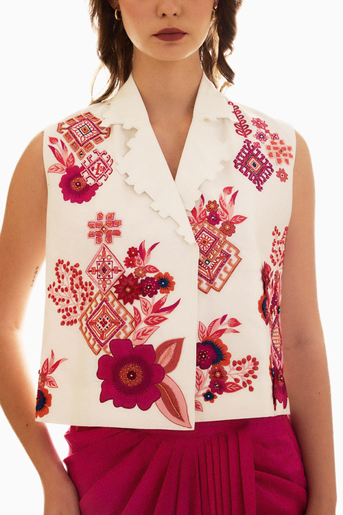 White Embroidered Linen Auspicious Waistcoat