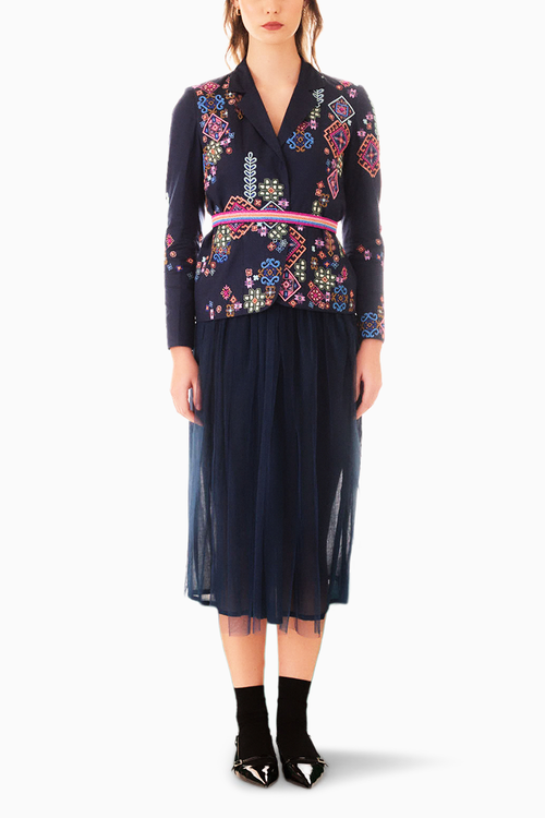 Navy Blue Idealist Short Jacket and Net Skirt
