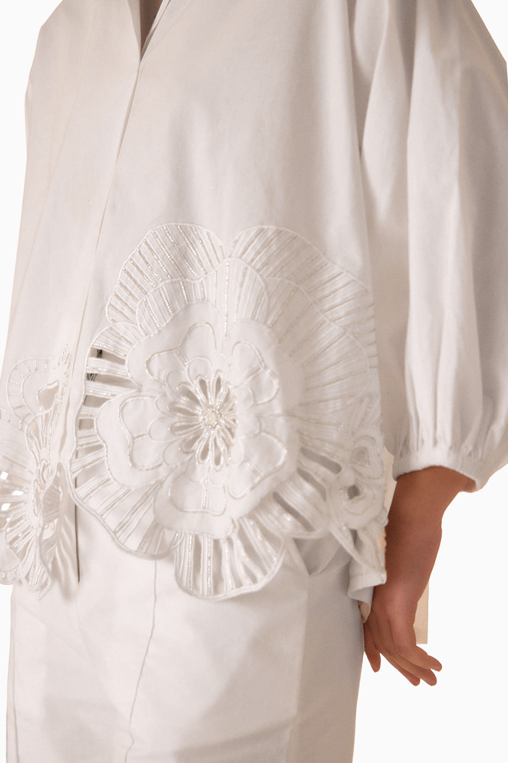 White Gathered Embroidered Bloom Cutwork Blouse