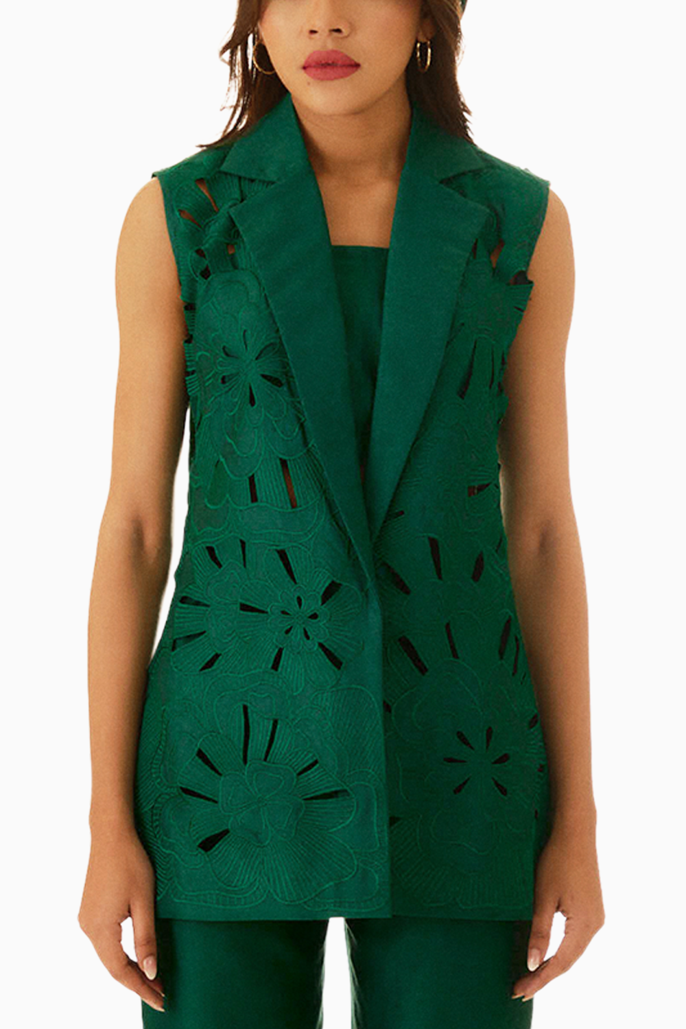 Emerald Green Embroidered Cutwork Bloom Jacket and Straight Pants