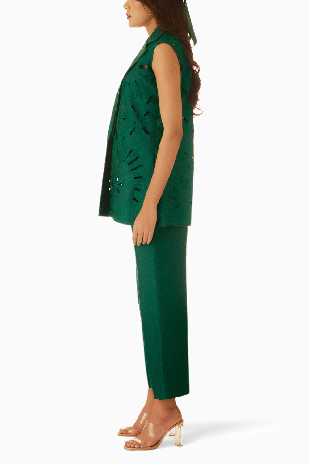 Emerald Green Embroidered Cutwork Bloom Jacket and Straight Pants