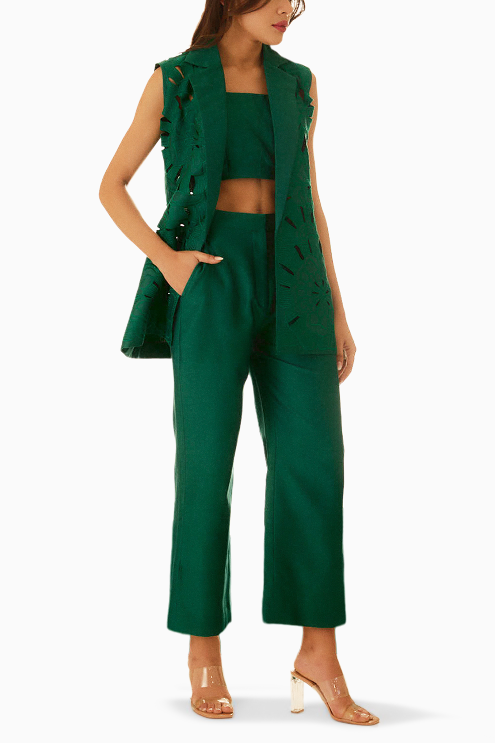 Emerald Green Embroidered Cutwork Bloom Jacket and Straight Pants