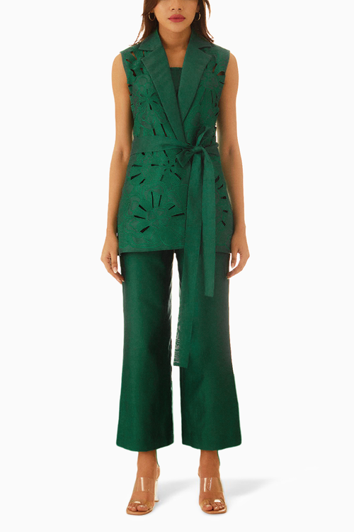 Emerald Green Embroidered Cutwork Bloom Jacket and Straight Pants