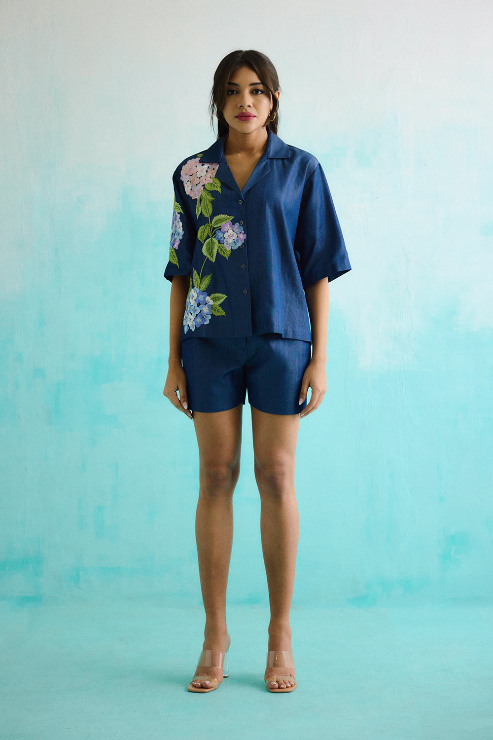 Denim Hydrangea Half Sleeve Embroidered Shirt and Shorts