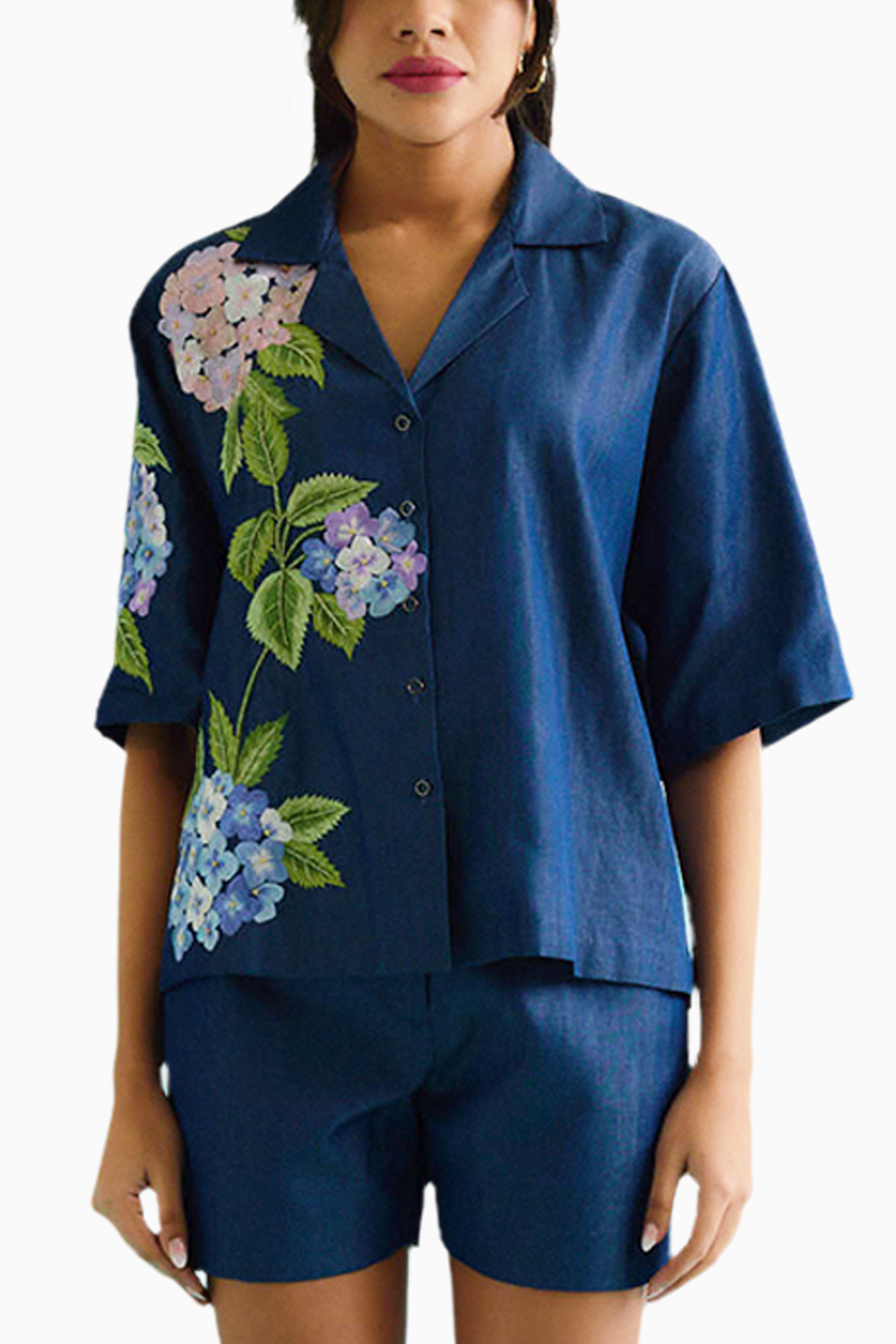 Denim Hydrangea Half Sleeve Embroidered Shirt