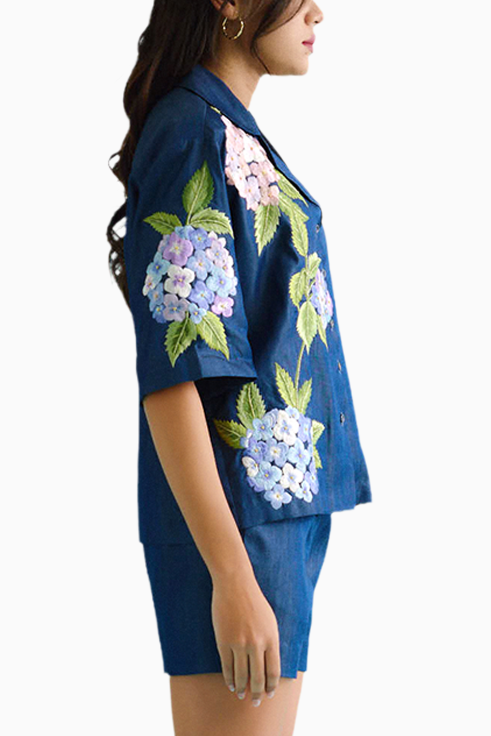 Denim Hydrangea Half Sleeve Embroidered Shirt