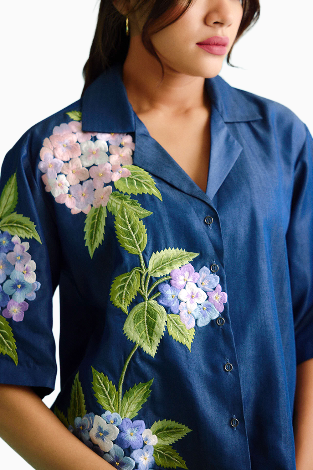 Denim Hydrangea Half Sleeve Embroidered Shirt