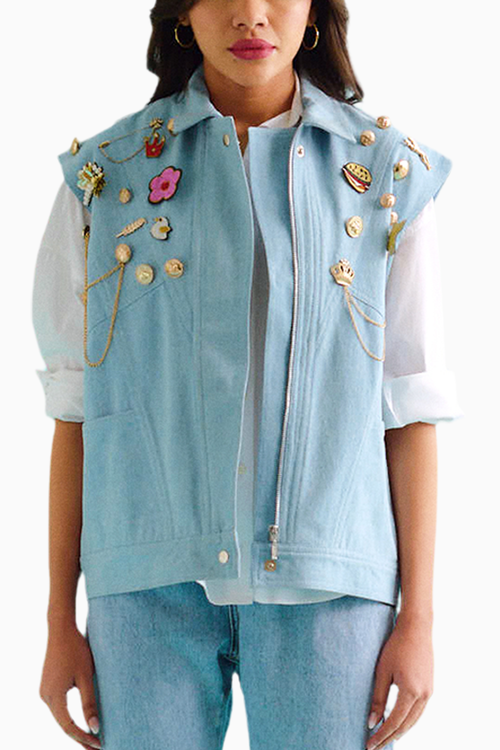 Denim Sleeveless College Jacket