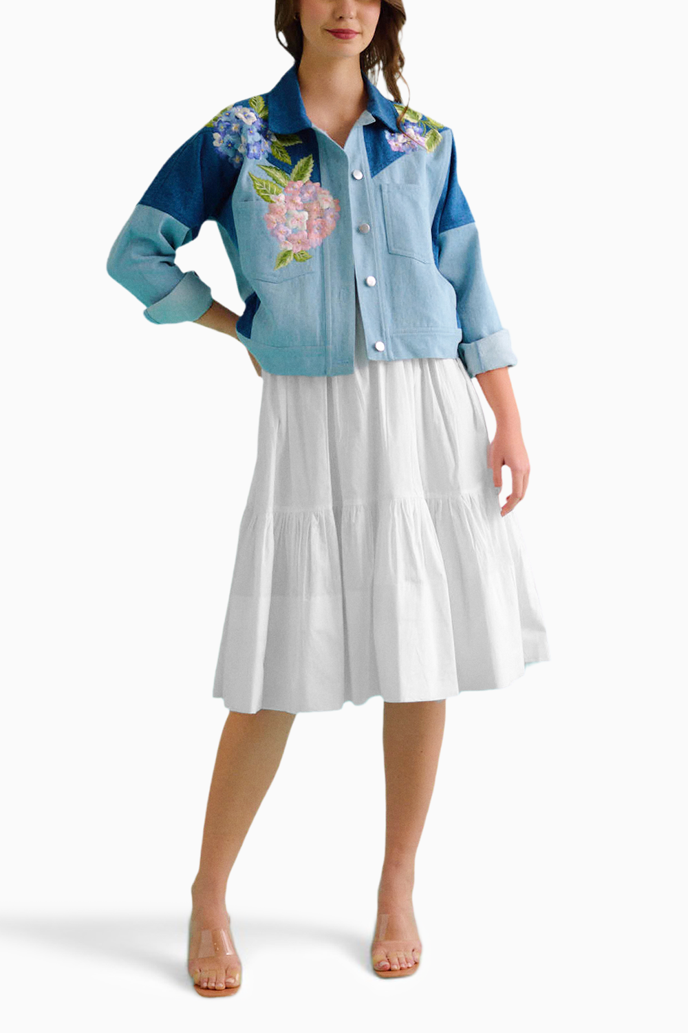 Hydrangea Patterned Jacket Denim Hydrangea Floral Embroidered Jacket