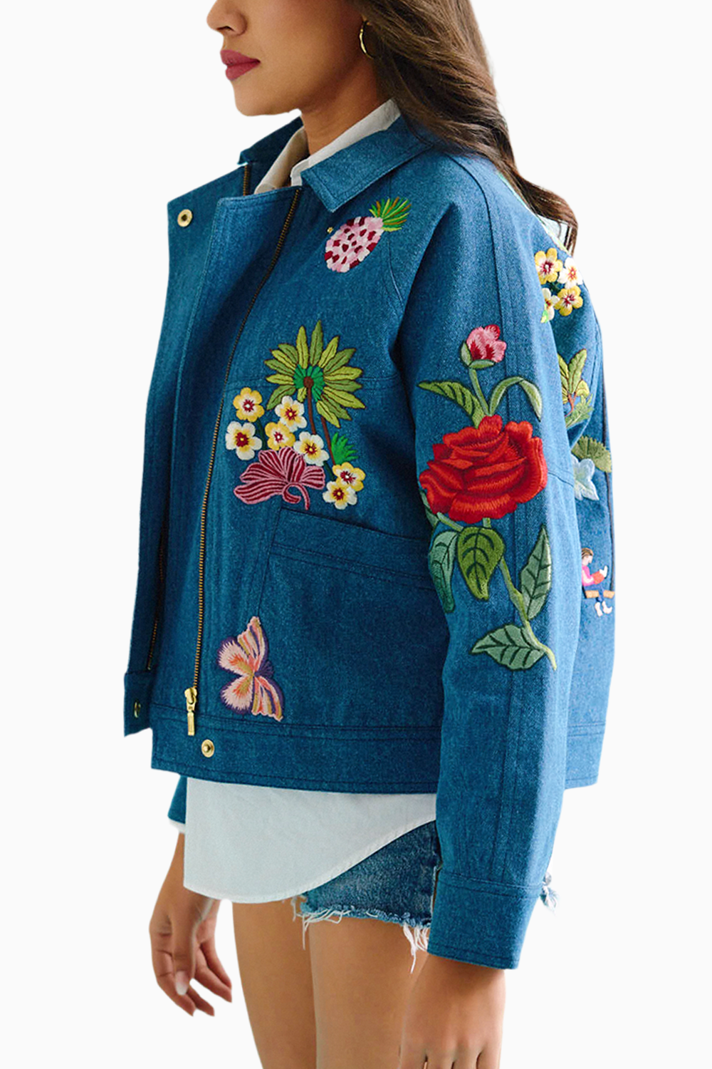 Denim Embroidered Floral Biker Jacket