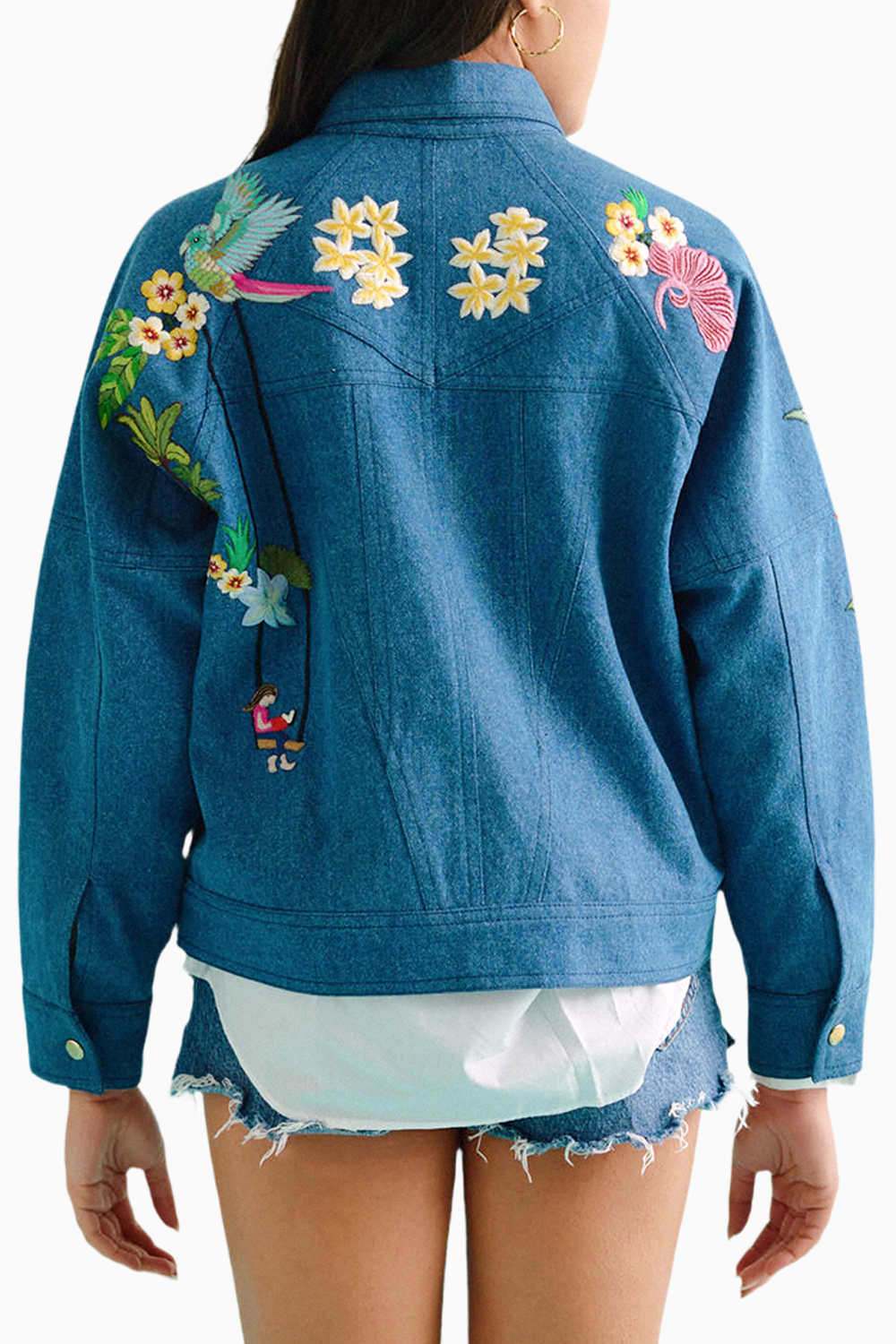 Denim Embroidered Floral Biker Jacket