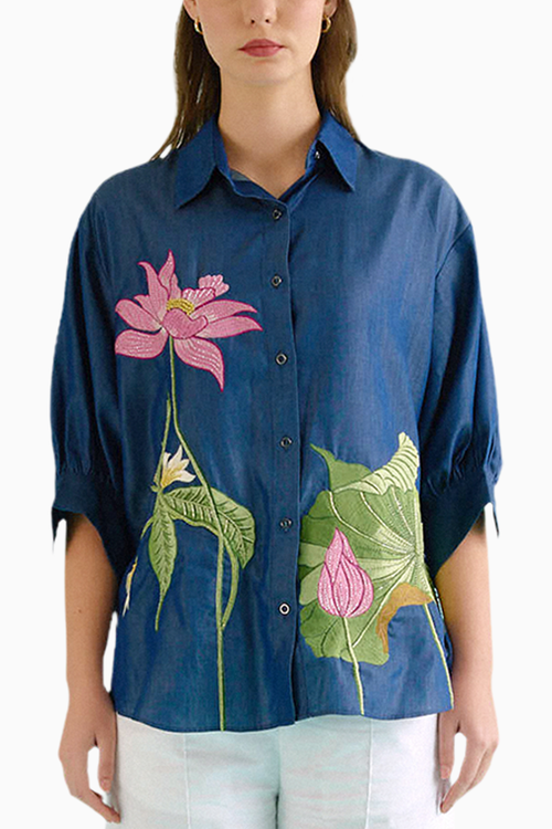 Denim Lotus Oversized Embroidered Shirt